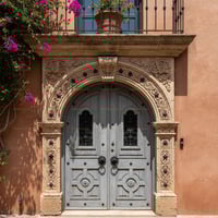 Arched Wooden Door With Ornate Metalwork and Stone Archway