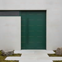 Dark Green Flat Panel Door With Vertical Handle and Stone Walkway