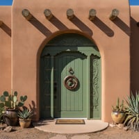 Arched Light Green Wood Door With Snake Knocker and Floral Carved Frame