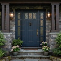 Dark Blue Paneled Door With Lion Knocker and Textured Sidelights
