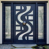 Dark Blue Wood Entry Door With Decorative Glass and Bronze Knob