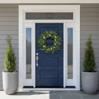 Navy Blue Front Door With Three Panels, White Trim, and Sidelights