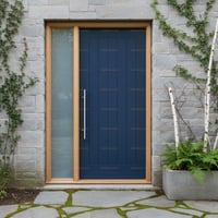 Blue Plank Door With Silver Handle and Stone Wall