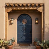 Arched Dark Blue Door With Sun Design in Tan Stucco Wall