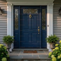 Dark Blue Four-panel Door With Diamond Glass and Sidelights