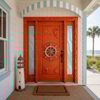 Nautical Themed Orange Wood Door With Carved Sea Life Details