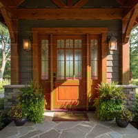 Frosted Glass Entry Door With Sidelights, Natural Wood Frame, and Stone Patio
