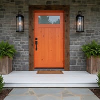 Vibrant Orange Plank Door With Glass Window and Black Hardware