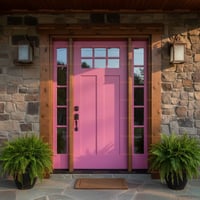Pink Two-panel Door With Nine-pane Glass and Sidelights