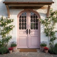 Arched Pink Double Doors With Multi Pane Windows and Rose Bushes