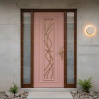 Light Pink Door With Gold Bird Handle and Frosted Glass Sidelights
