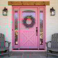 Pink Plank Door With Glass Window, Lavender Wreath, and Stone Tile Floor