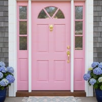 Light Pink Four-panel Wooden Door With Half-round Window and Gold Hardware