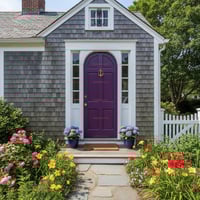 Arched Purple Front Door With Anchor Knocker and Sidelights