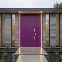 Modern Purple Door With Grooved Panel, Metal Handle, and Stone Exterior