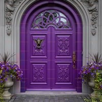 Ornate Purple Double Door With Carved Details and Stone Archway