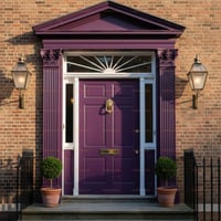 Elegant Purple Paneled Door With Brass Hardware and Sidelights