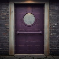 Dark Purple Metal Door With Rivets and Circular Window