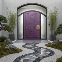 Purple Wooden Door With Carved Cloud Design in Japanese Garden Entryway
