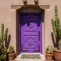 Vibrant Purple Door With Geometric Panels, Black Iron Hardware, and Southwestern Flair