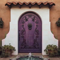Arched Purple Wooden Door With Wrought Iron Scrollwork and Floral Knocker