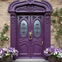 Ornate Purple Double Door With Leaded Glass and Lion Knocker