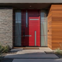 Asymmetrical Red Front Door With Frosted Glass and Black Hardware