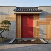 Vibrant Red Flat Panel Door With Wooden Surround and Reflecting Pool