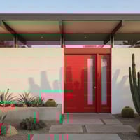 Bright Red Modern Front Door With Frosted Glass and Sidelight