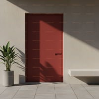 Muted Red Flat Panel Door With Matching Hardware and Neutral Accents