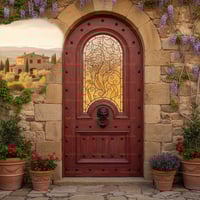 Arched Wooden Door With Floral Glass Panel, Lion Knocker, and Wisteria Vines