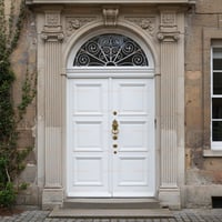 Elegant White Double Door With Lion Knocker in Stone Archway