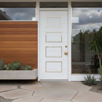 White Four Panel Door With Gold Trim and Matching Sidelight Window