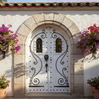 Arched White Double Door With Wrought Iron Details and Stone Frame