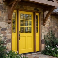 Bright Yellow Door With Glass Panes and Dark Wood Trim
