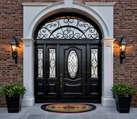 Elegant Black Wood Double Door With Oval Glass and Wrought Iron Detail