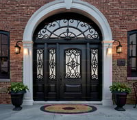 Ornate Wrought Iron Door With Sidelights and Arched Transom Window 2
