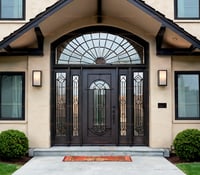 Arched Bronze Entry Door With Wrought Iron, Sidelights, and Sunburst Transom