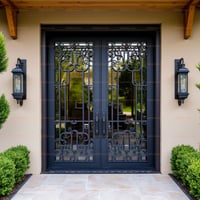 Elegant Double Entry Doors With Decorative Ironwork and Sconce Lighting