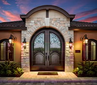Arched Double Doors With Wrought Iron and Glass in Stone Archway 2