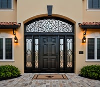 Elegant Mediterranean Entrance With Dark Wood Door, Ornate Iron Transom, and Sidelights
