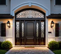 Arched Wood Front Door With Sidelights and Decorative Transom Window 1