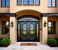 Mediterranean Double Entry Door With Wrought Iron and Arched Transom