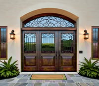 Arched Wood Entry Door With Wrought Iron Grillwork and Transom Window