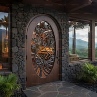 Wooden Door With Oval Window and Grapevine Metal Design