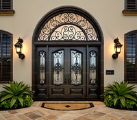 Elegant Double Entry Door With Arched Transom and Decorative Ironwork