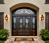 Elegant Mahogany Double Door With Ironwork and Arched Transom Window 1