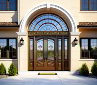 Arched Double Doors With Wrought Iron Glass Design and White Pediment