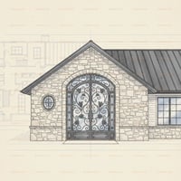 Arched Double Door With Vine Design Set in Stone Wall Facade