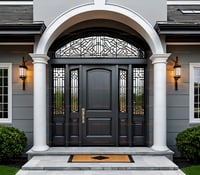 Elegant Arched Entry Door With Geometric Sidelights and White Columned Archway
